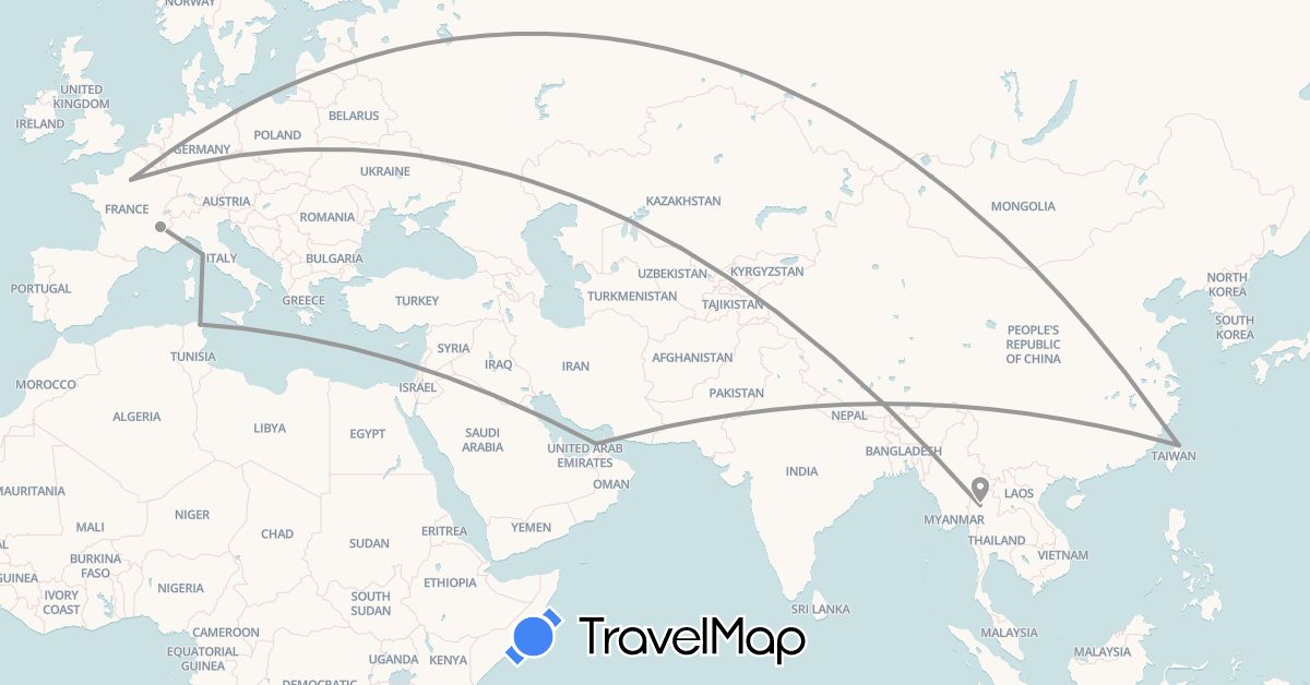 TravelMap itinerary: driving, plane in United Arab Emirates, France, Italy, Thailand, Tunisia, Taiwan (Africa, Asia, Europe)